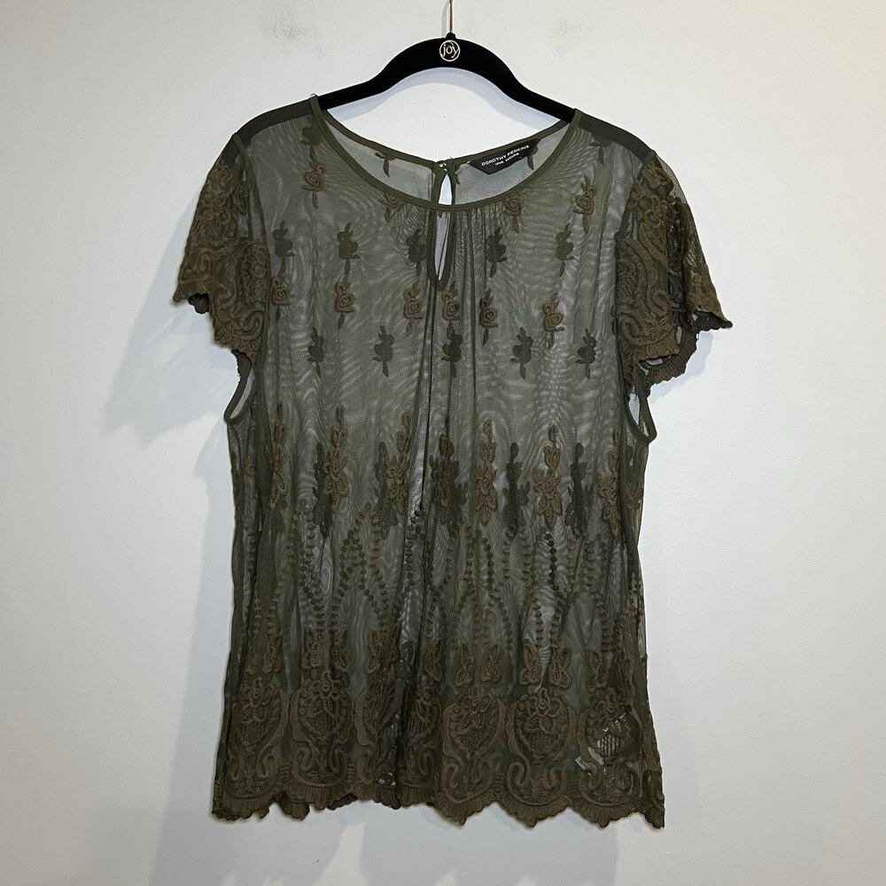 Dorothy Perkins Olive Green Sheer Floral Lace Women’s Top‎ Size 14 Cap Sleeve